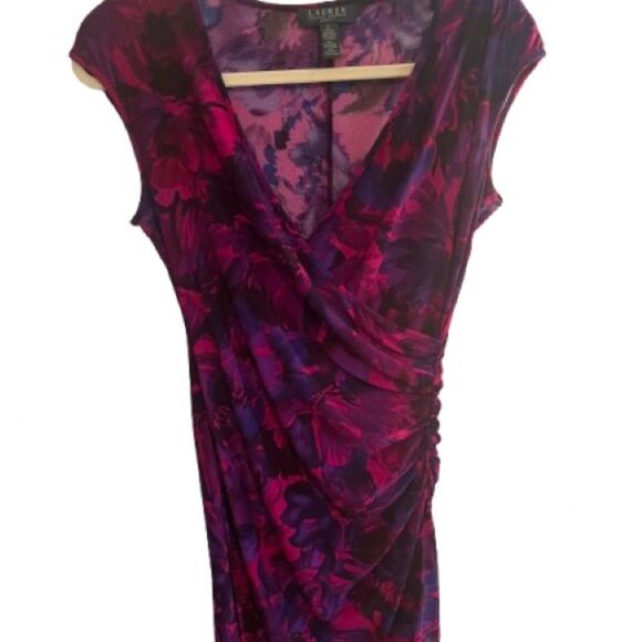 Ralph Lauren Sheath Dress in Purple and Pink Ruched Wrap Midi - Picture 1 of 8